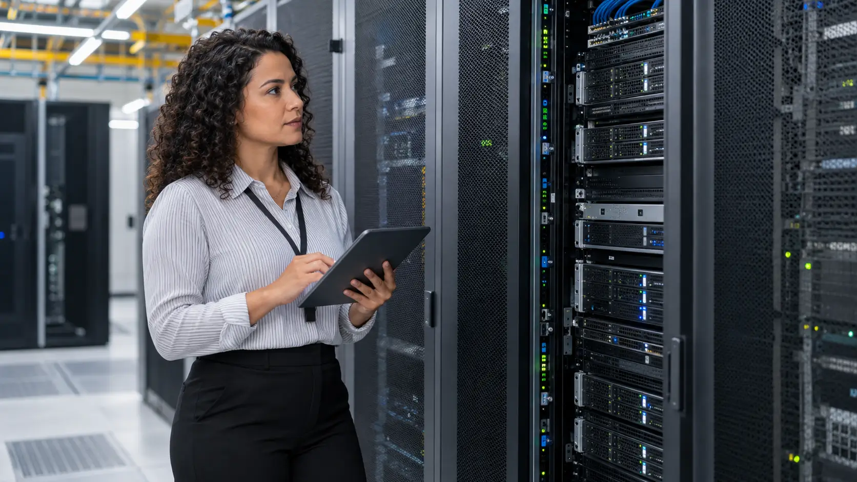 Especialista em infraestrutura verificando servidores